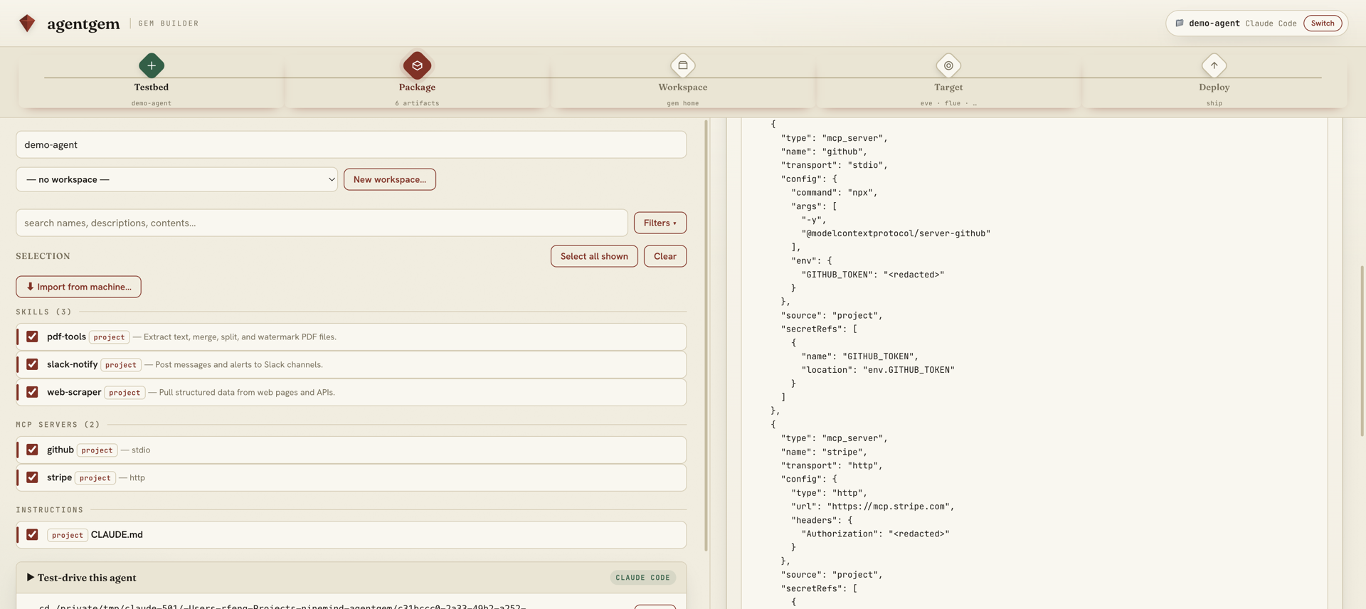The Gem Builder: selected skills and MCP servers on the left, the live gem.json on the right with every secret shown as <redacted>.