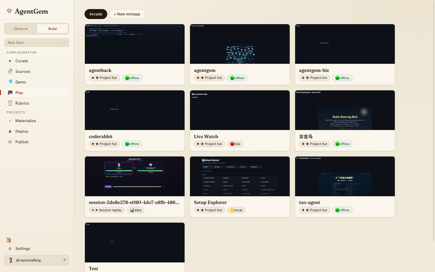 The Arcade — a grid of AI-generated mini-games, each a live click-through thumbnail with a genre tag and an "offline" or live-capability pill.