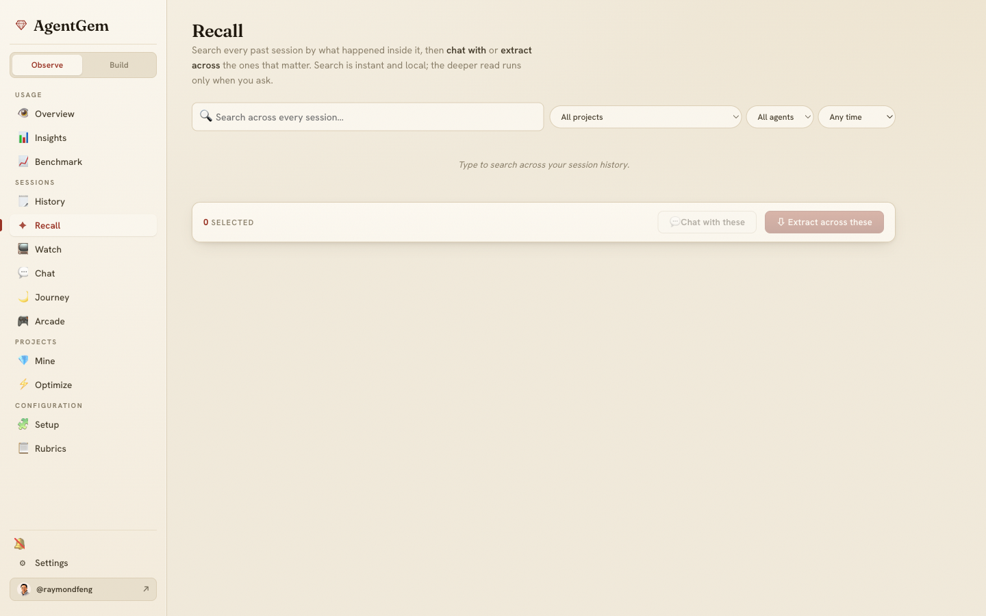 Recall — a search box over every past session, with project / agent / since filters and a selection bar with "Chat with these" and "Extract across these" exits.