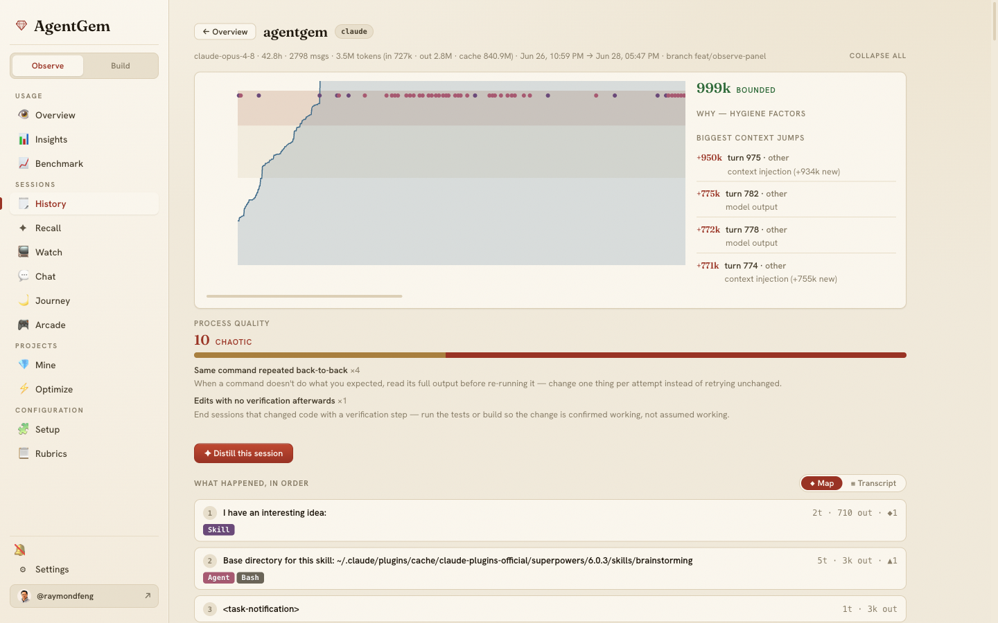 A session drill-down: an SVG context-bloat timeline with skill/subagent markers and a "bounded" verdict, a "biggest context jumps" rail, a process-quality bar, and a Map/Transcript toggle over the session's steps.